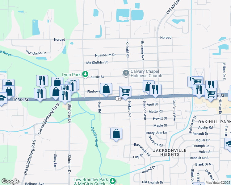map of restaurants, bars, coffee shops, grocery stores, and more near 8507 Firetower Road in Jacksonville