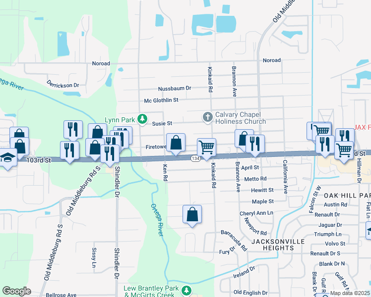 map of restaurants, bars, coffee shops, grocery stores, and more near 8507 Firetower Road in Jacksonville