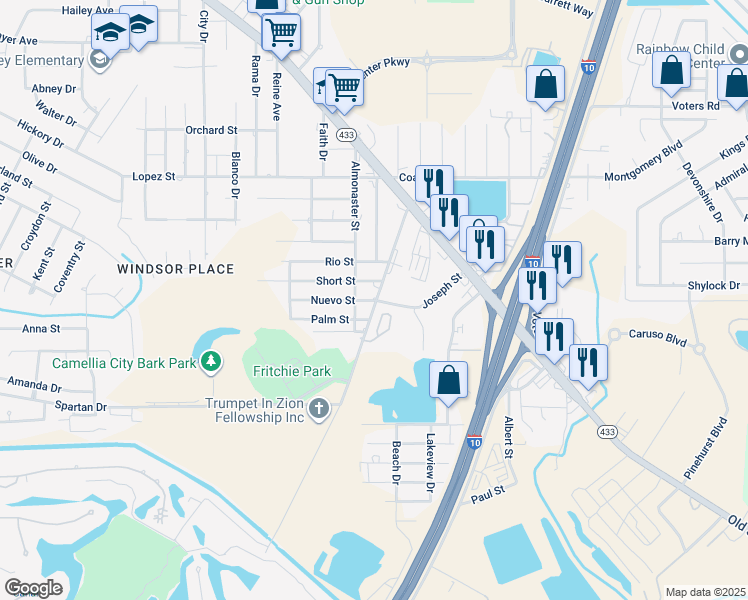 map of restaurants, bars, coffee shops, grocery stores, and more near 210 Howze Beach Road in Slidell