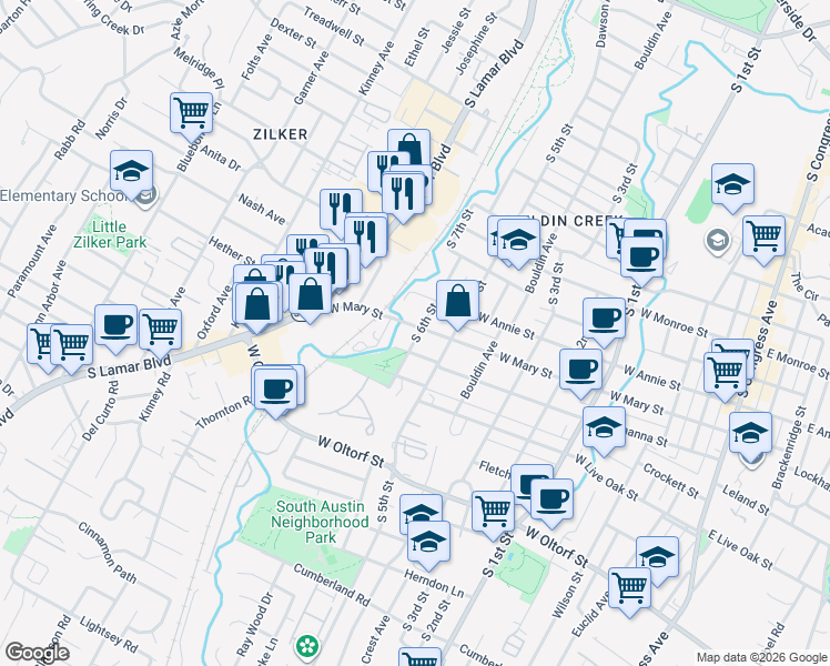 map of restaurants, bars, coffee shops, grocery stores, and more near 1157 West Mary Street in Austin