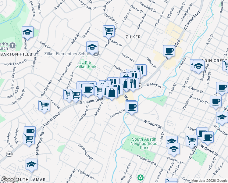 map of restaurants, bars, coffee shops, grocery stores, and more near 2108 Oxford Avenue in Austin