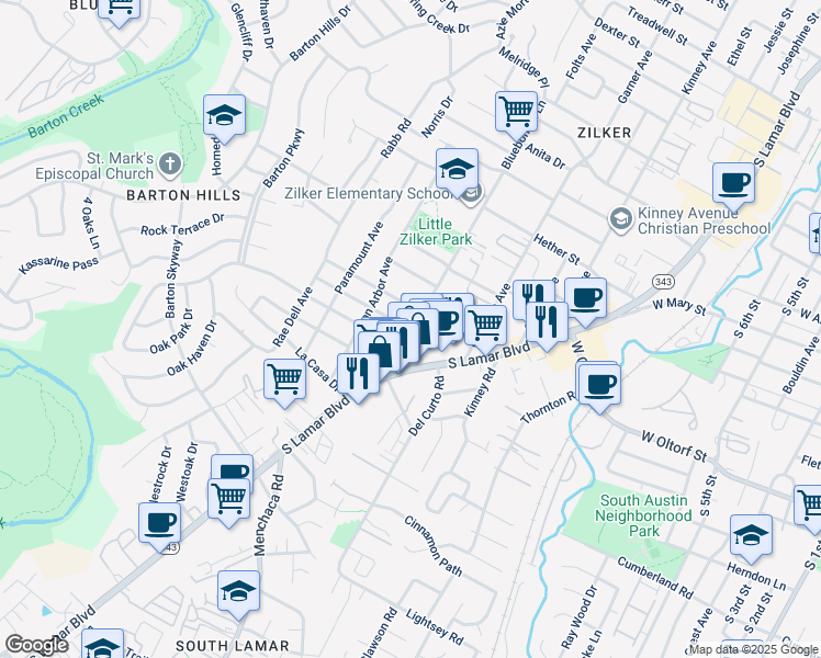map of restaurants, bars, coffee shops, grocery stores, and more near 2200 Bluebonnet Lane in Austin