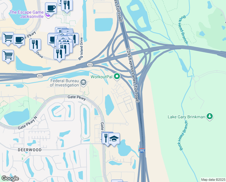 map of restaurants, bars, coffee shops, grocery stores, and more near 7300 Beach Haven Place in Jacksonville