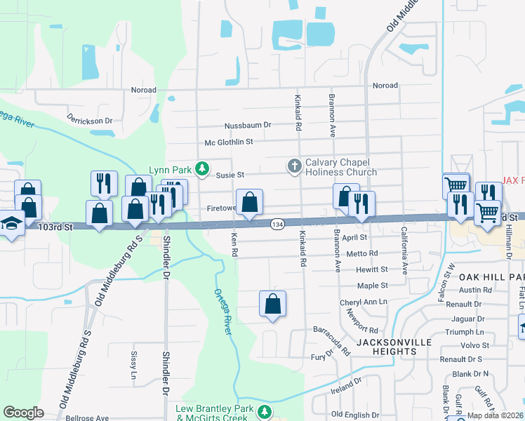 map of restaurants, bars, coffee shops, grocery stores, and more near 8507 Firetower Road in Jacksonville