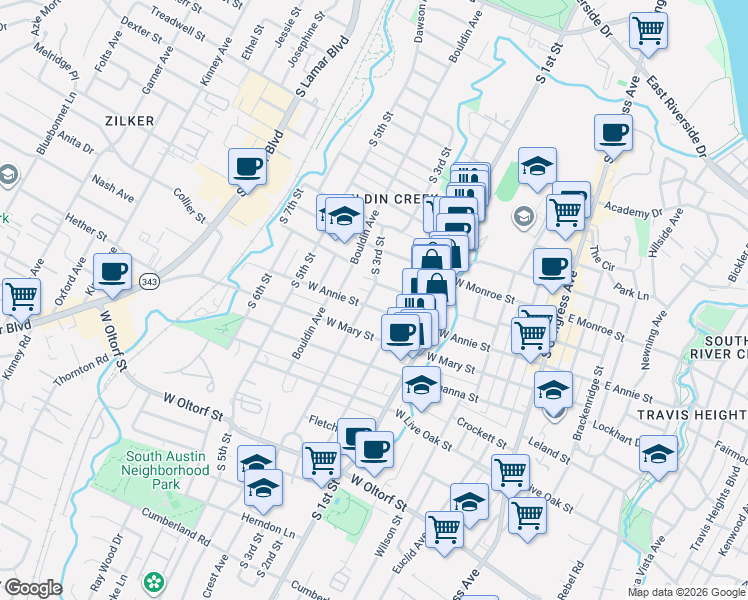 map of restaurants, bars, coffee shops, grocery stores, and more near 714 West Annie Street in Austin