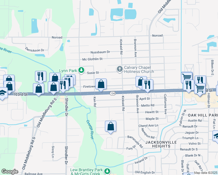 map of restaurants, bars, coffee shops, grocery stores, and more near 8507 Firetower Road in Jacksonville