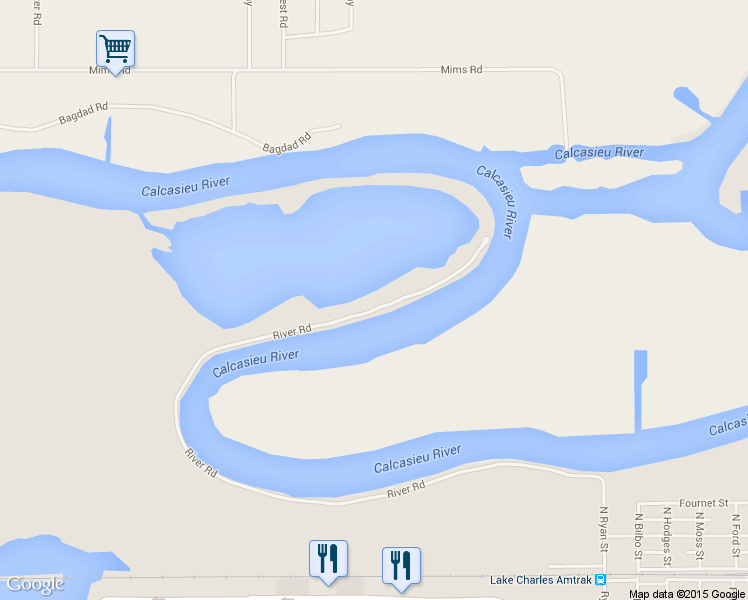 map of restaurants, bars, coffee shops, grocery stores, and more near 18 River Road in Lake Charles