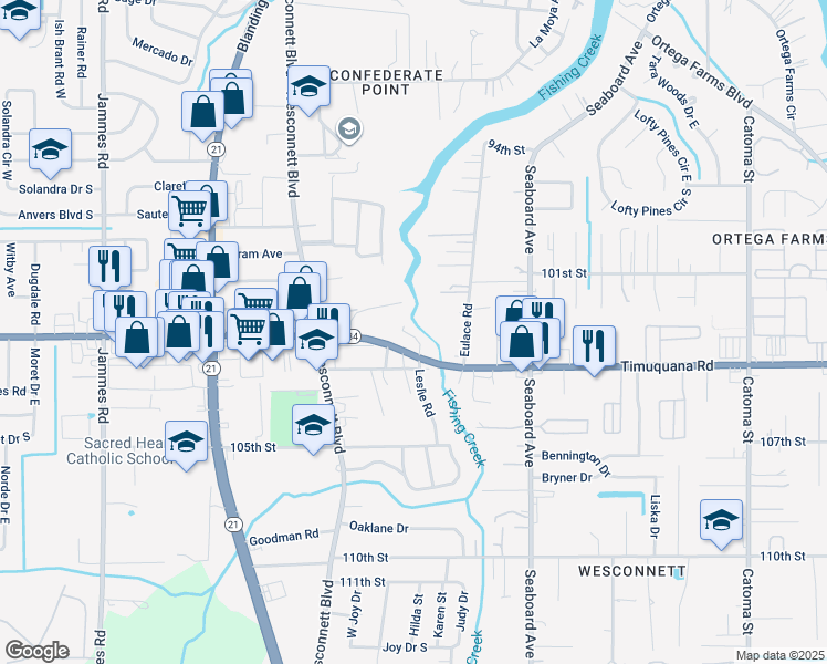 map of restaurants, bars, coffee shops, grocery stores, and more near 5851 Timuquana Road in Jacksonville