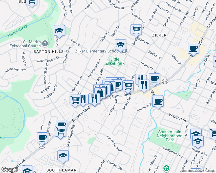 map of restaurants, bars, coffee shops, grocery stores, and more near 2301 Bluebonnet Lane in Austin