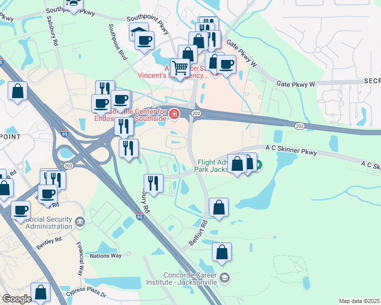 map of restaurants, bars, coffee shops, grocery stores, and more near 4875 Belfort Road in Jacksonville