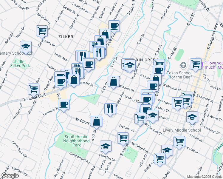 map of restaurants, bars, coffee shops, grocery stores, and more near 1800 South 5th Street in Austin