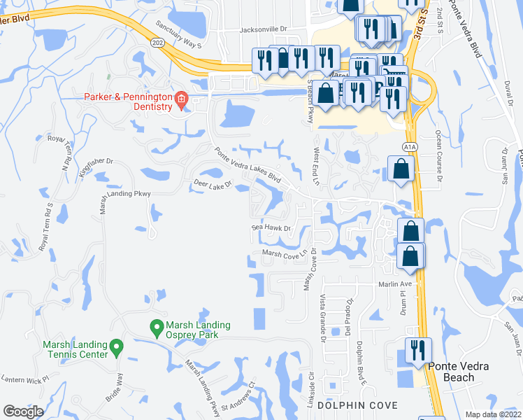 map of restaurants, bars, coffee shops, grocery stores, and more near 425 Timberwalk Court in Ponte Vedra Beach