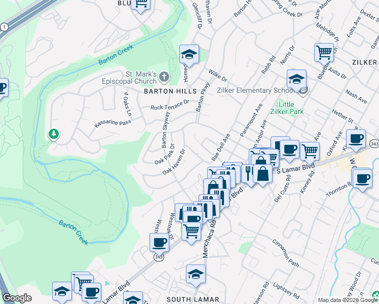 map of restaurants, bars, coffee shops, grocery stores, and more near 2411 Elmglen Drive in Austin