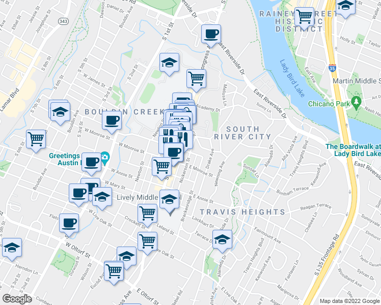 map of restaurants, bars, coffee shops, grocery stores, and more near Nickerson St & Elizabeth St E in Austin