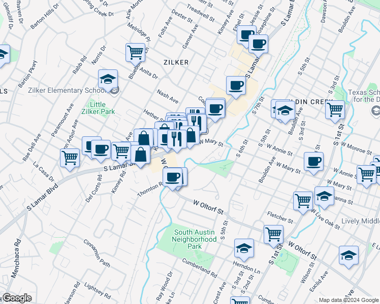 map of restaurants, bars, coffee shops, grocery stores, and more near 2001 South Lamar Boulevard in Austin
