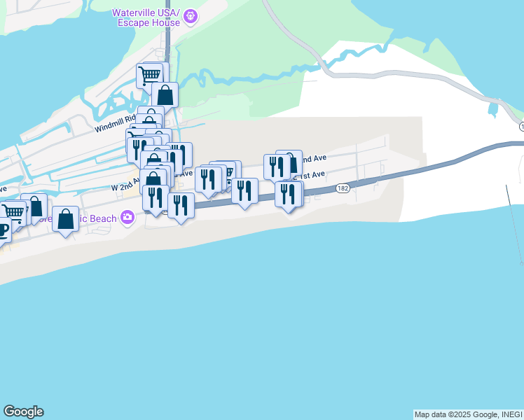 map of restaurants, bars, coffee shops, grocery stores, and more near 365 Alabama 182 in Gulf Shores