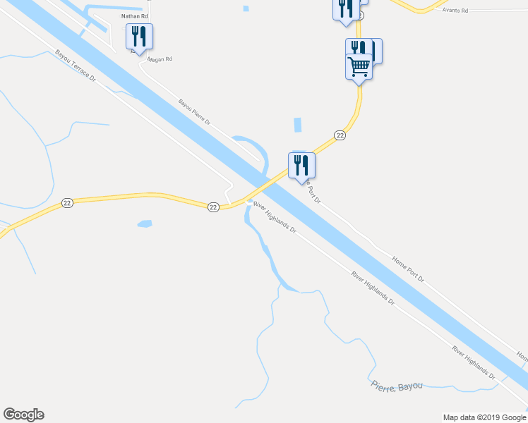 map of restaurants, bars, coffee shops, grocery stores, and more near 12475 River Highlands Drive in Maurepas