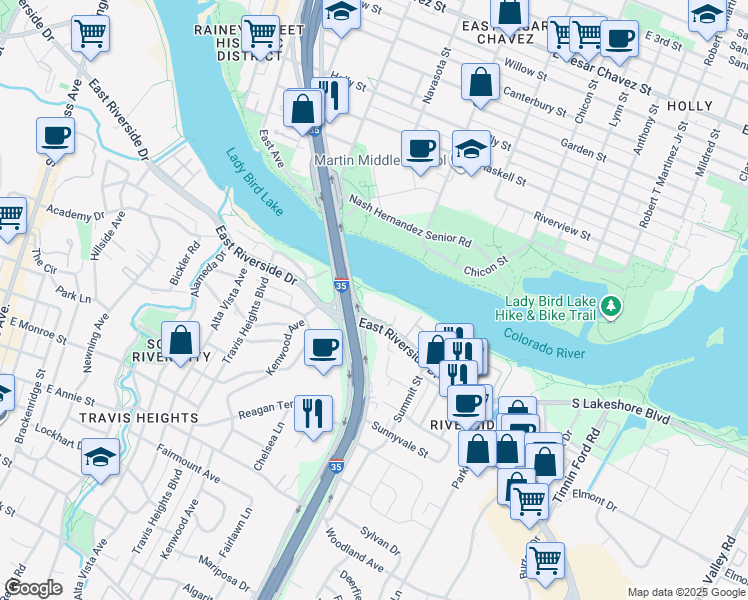 map of restaurants, bars, coffee shops, grocery stores, and more near 1300 East Riverside Drive in Austin