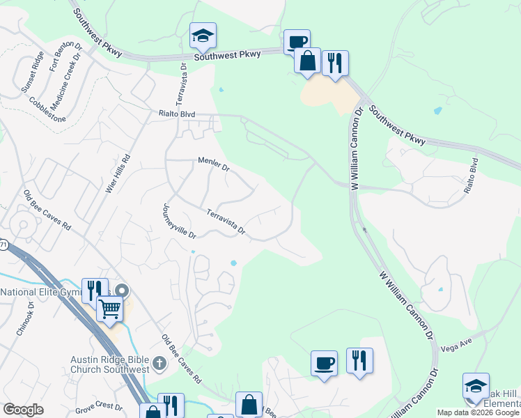 map of restaurants, bars, coffee shops, grocery stores, and more near 7320 Journeyville Drive in Austin