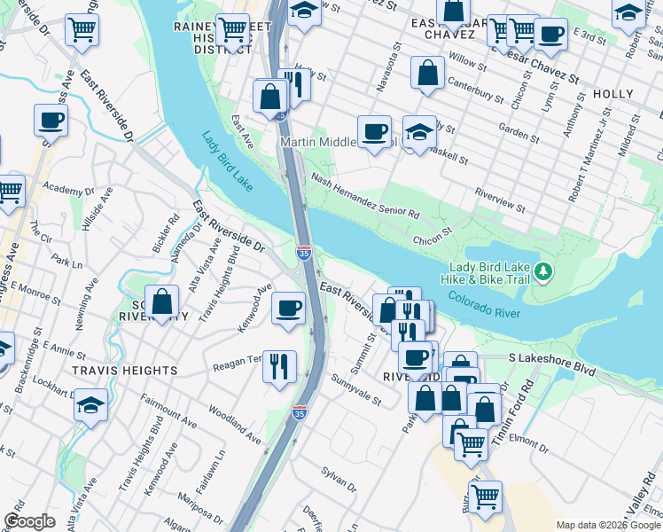 map of restaurants, bars, coffee shops, grocery stores, and more near 1300 East Riverside Drive in Austin