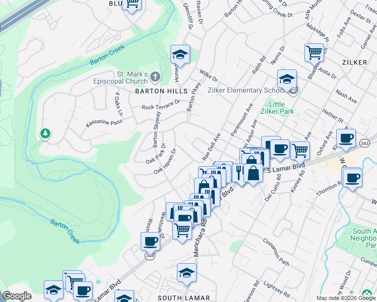 map of restaurants, bars, coffee shops, grocery stores, and more near 2414 Elmglen Drive in Austin