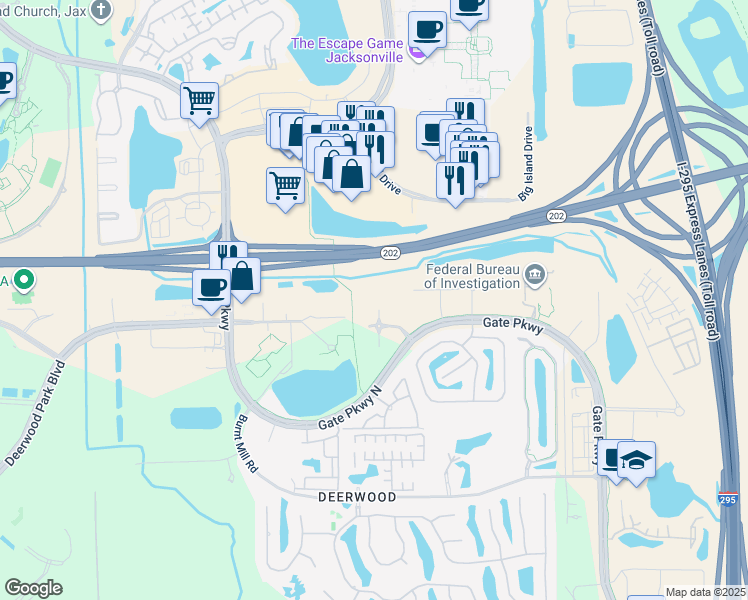 map of restaurants, bars, coffee shops, grocery stores, and more near 5201 Gate Parkway in Jacksonville