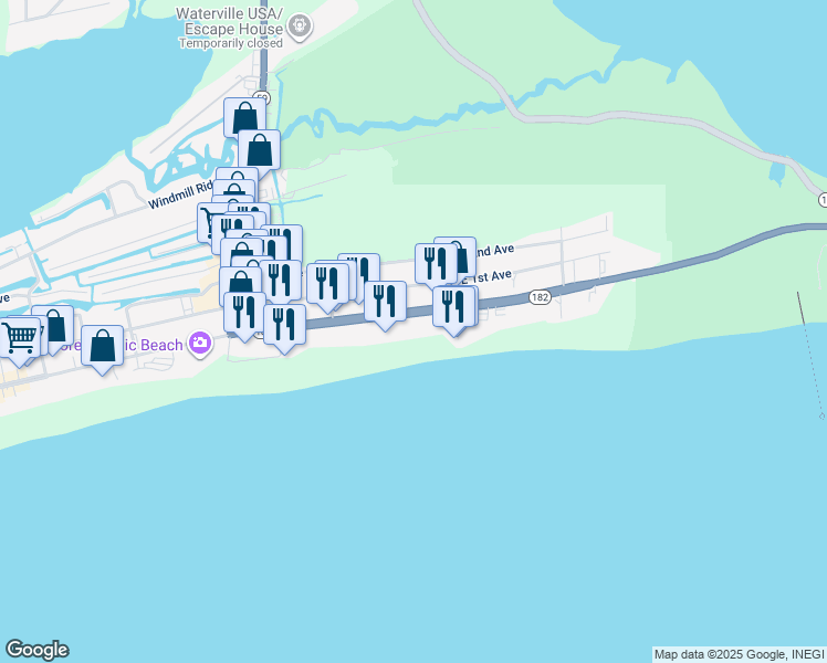 map of restaurants, bars, coffee shops, grocery stores, and more near 365 East Beach Boulevard in Gulf Shores