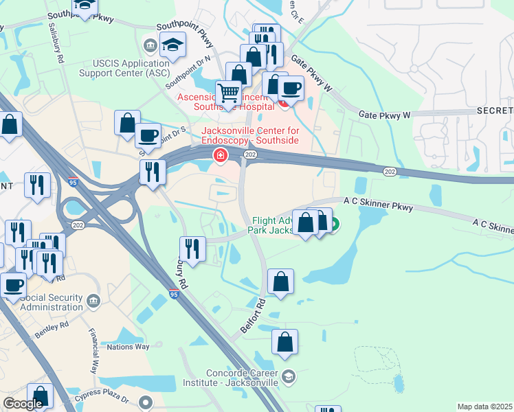 map of restaurants, bars, coffee shops, grocery stores, and more near 4899 Belfort Road in Jacksonville
