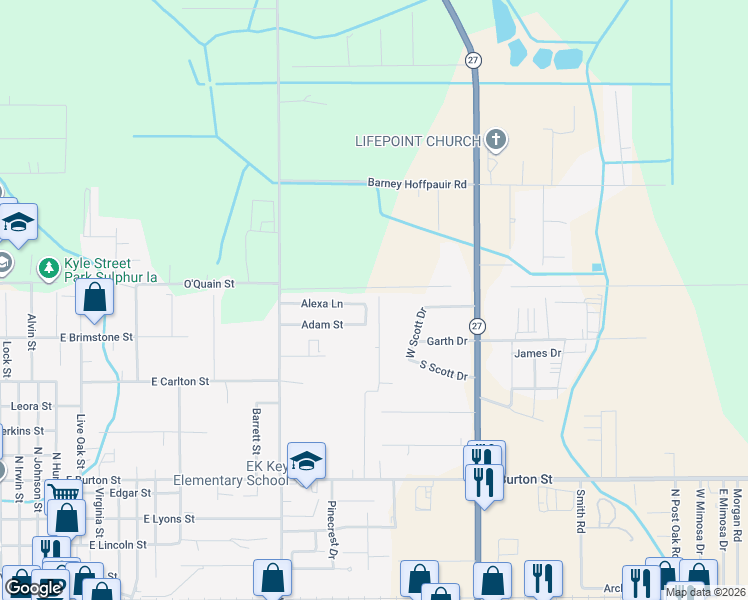 map of restaurants, bars, coffee shops, grocery stores, and more near Village Orphange in Sulphur