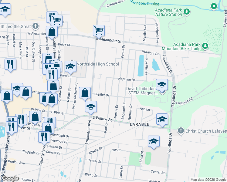 map of restaurants, bars, coffee shops, grocery stores, and more near 217 Venus Drive in Lafayette