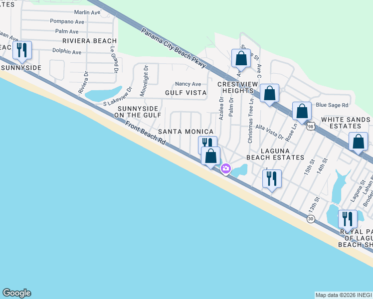 map of restaurants, bars, coffee shops, grocery stores, and more near 112 Buena Vista Avenue in Panama City Beach