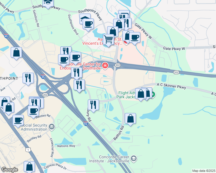 map of restaurants, bars, coffee shops, grocery stores, and more near 7174 Stonelion Circle in Jacksonville