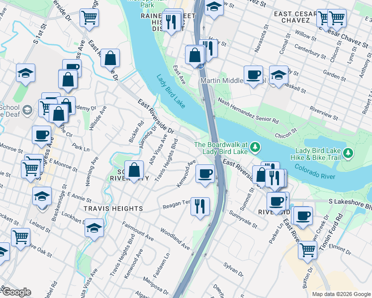 map of restaurants, bars, coffee shops, grocery stores, and more near 1012 Harwood Place in Austin