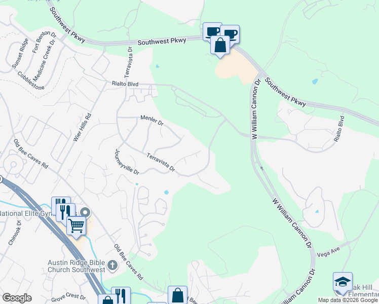 map of restaurants, bars, coffee shops, grocery stores, and more near 7320 Journeyville Drive in Austin