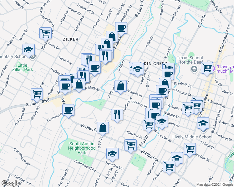 map of restaurants, bars, coffee shops, grocery stores, and more near 1800 South 5th Street in Austin