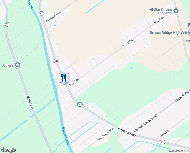 map of restaurants, bars, coffee shops, grocery stores, and more near 1052 Huval Road in Breaux Bridge