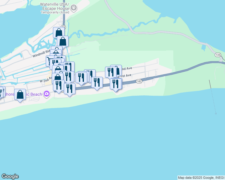 map of restaurants, bars, coffee shops, grocery stores, and more near 401 East Beach Boulevard in Gulf Shores