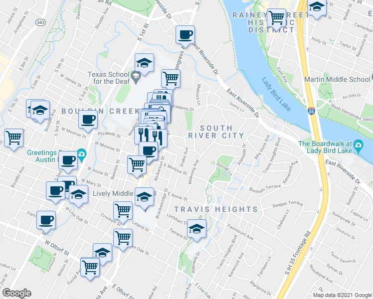 map of restaurants, bars, coffee shops, grocery stores, and more near Park Lane in Austin