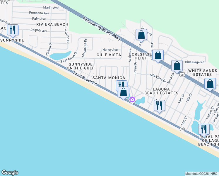 map of restaurants, bars, coffee shops, grocery stores, and more near 20816 Front Beach Road in Panama City Beach