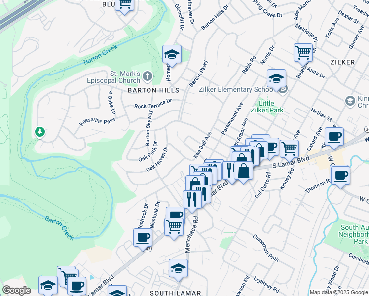 map of restaurants, bars, coffee shops, grocery stores, and more near 2308 La Casa Drive in Austin