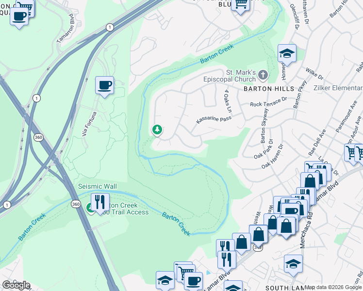 map of restaurants, bars, coffee shops, grocery stores, and more near 2706 Tether Trail in Austin