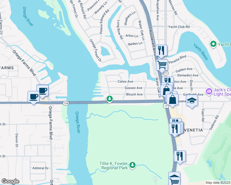 map of restaurants, bars, coffee shops, grocery stores, and more near 4756 Sussex Avenue in Jacksonville