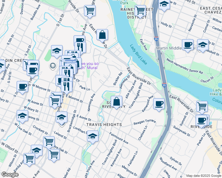 map of restaurants, bars, coffee shops, grocery stores, and more near 1312 Bickler Road in Austin