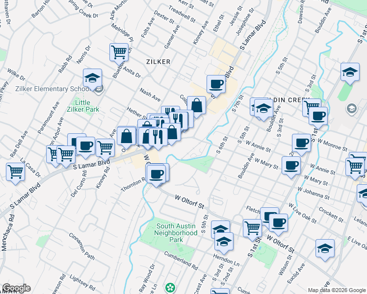 map of restaurants, bars, coffee shops, grocery stores, and more near 44 West Mary Street in Austin