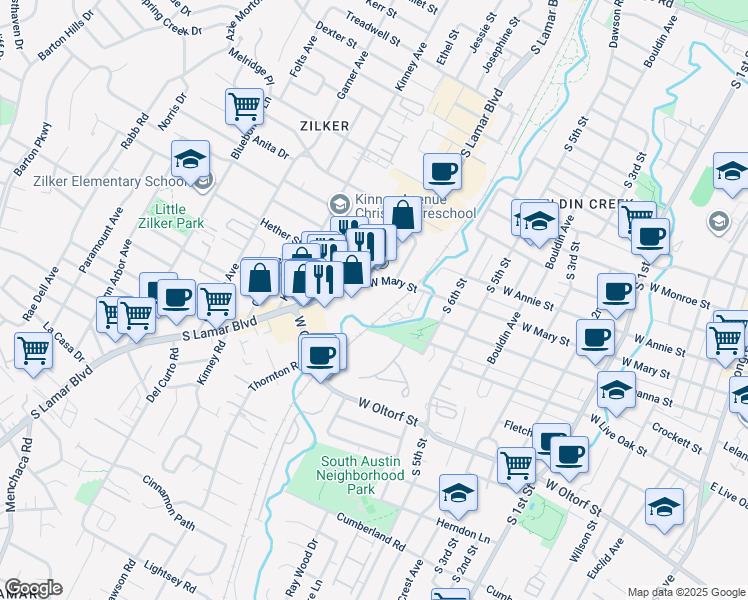 map of restaurants, bars, coffee shops, grocery stores, and more near 44 West Mary Street in Austin