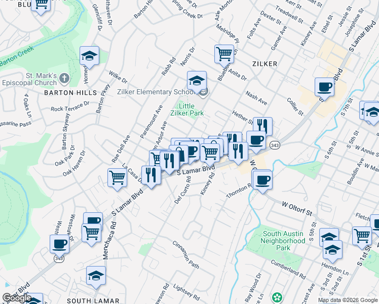 map of restaurants, bars, coffee shops, grocery stores, and more near 1901 Frazier Avenue in Austin