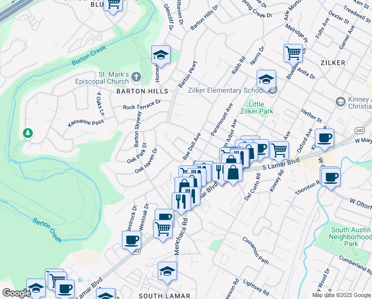 map of restaurants, bars, coffee shops, grocery stores, and more near 2308 La Casa Drive in Austin