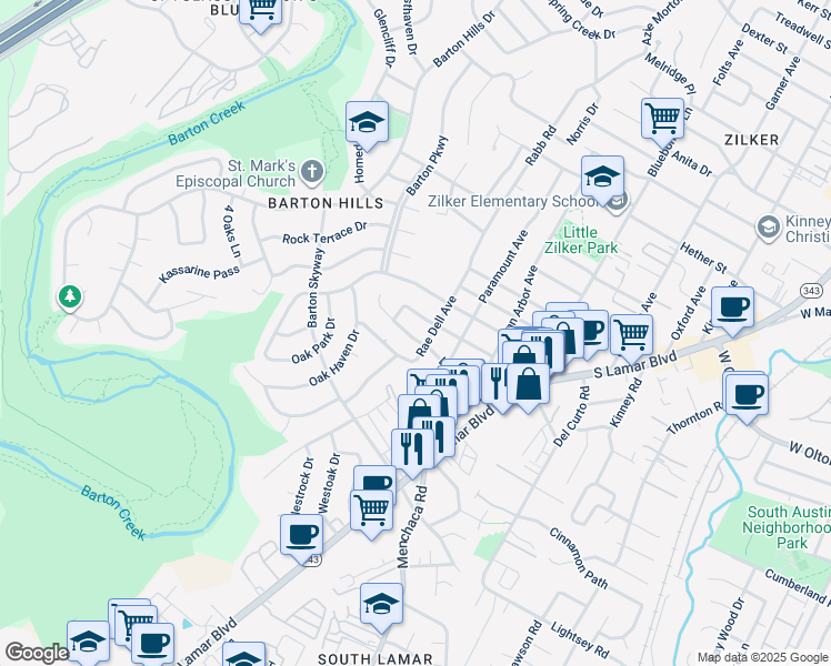 map of restaurants, bars, coffee shops, grocery stores, and more near 2308 La Casa Drive in Austin