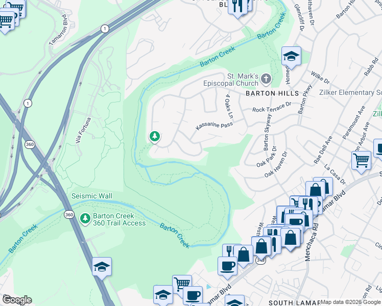 map of restaurants, bars, coffee shops, grocery stores, and more near 2709 Tether Trail in Austin