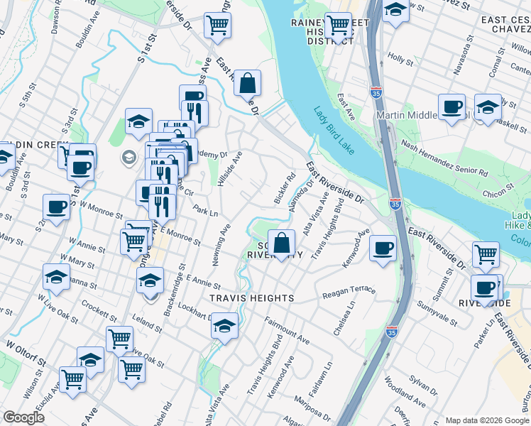 map of restaurants, bars, coffee shops, grocery stores, and more near 513 Pecan Grove Road in Austin